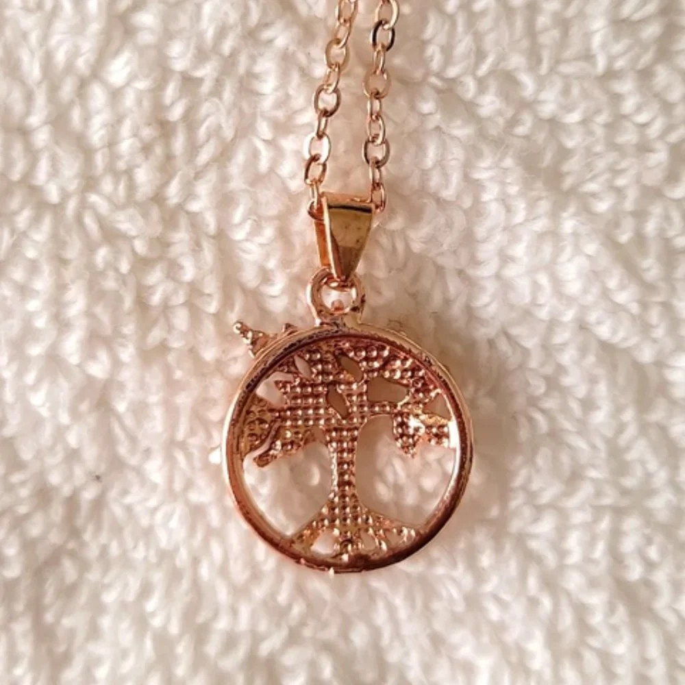 Tree of Life Pendant Necklace White Rhinestones Gold Tone Adjustable 22